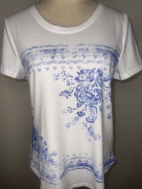 Style & Co. White Tee with Light Blue Paisley Border
